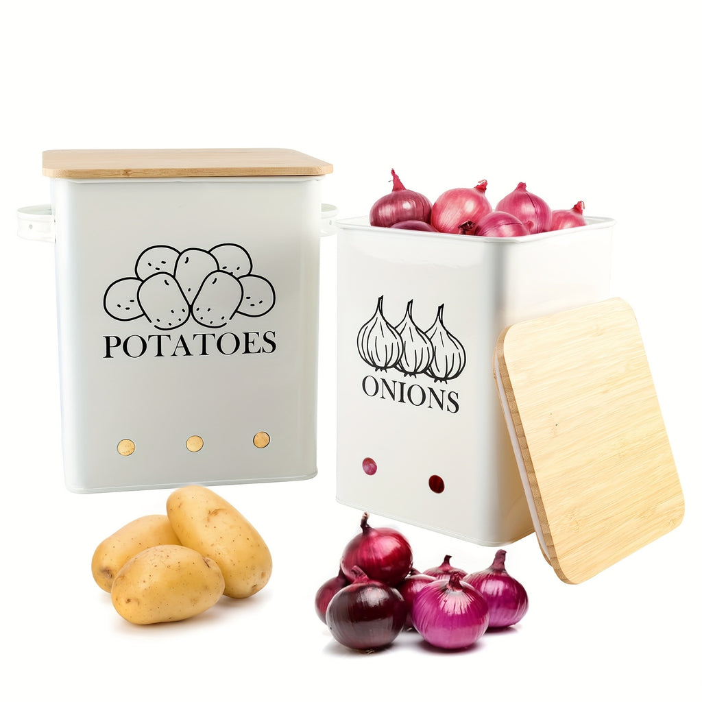 Kitchen Storage Canister, Potato Onion Storage Bin With Aerating Tin Storage Holes & Wooden Lid, Kitchen Organizers For Onion, Potato, Fruit, Black