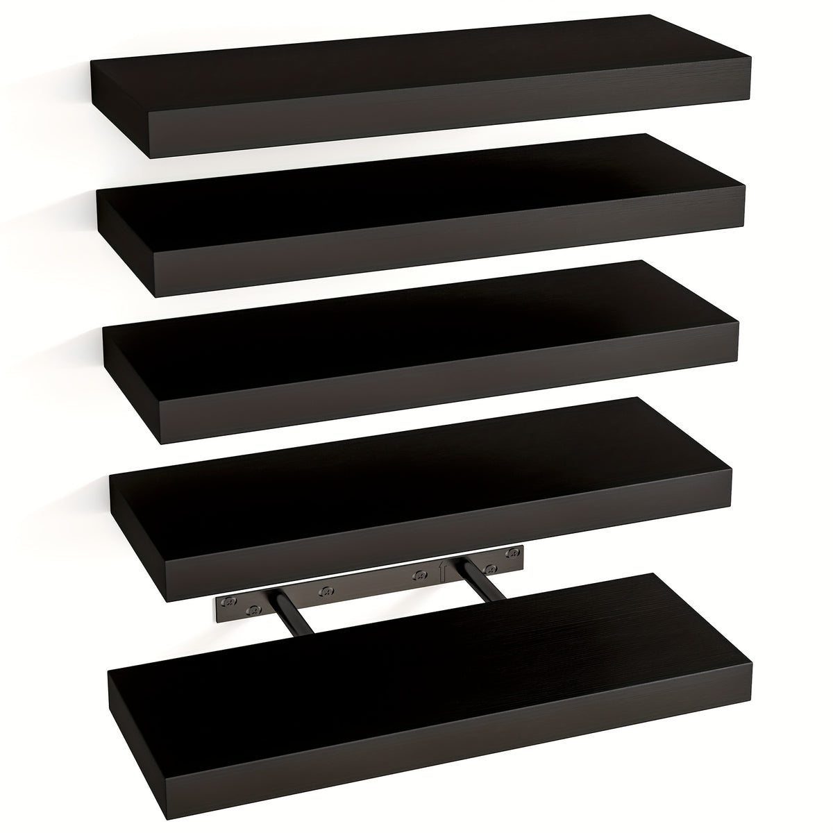 Whonline 4/5pcs Floating Shelves, Gray&White&Black, Rustic Wood Finish Wall Shelves, Shelves For Wall Decor, With Invisible Brackets, Fixed Storage Rack For Kitchen, For Room Decor, Bathroom Storage, Heavy Duty Shelves