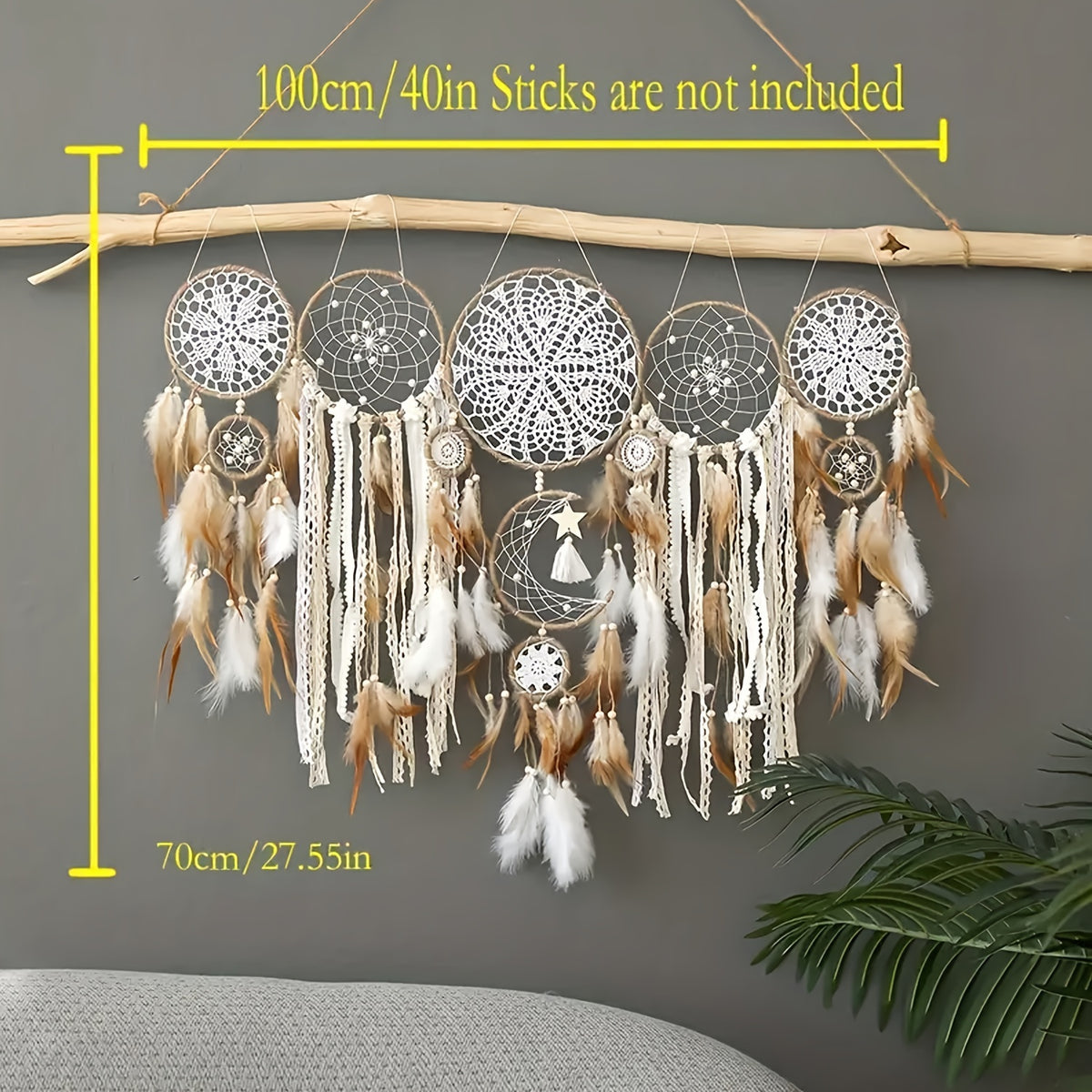 Dream Catcher Wall Decor Set of 5, Camel Boho Hanging Decorations with Woven Ring Designs and Feather Accents for Bedroom and Living Room