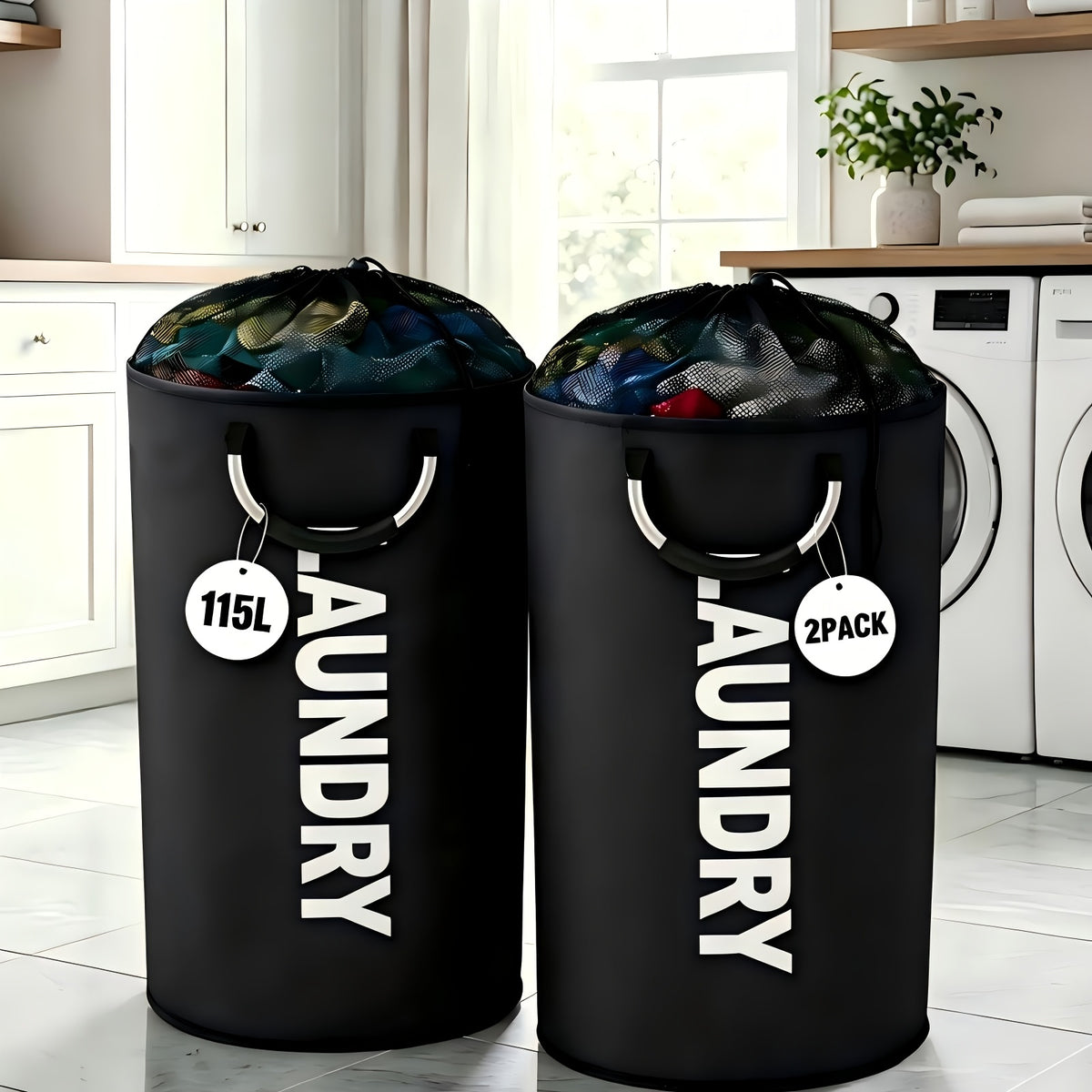 2-Pack Extra Large 25.1gal/30.38gal Foldable Laundry Baskets with New Drawstring Closure Design, Multi-Purpose Fabric Clothes Storage Baskets for Bathroom, Bedroom, Outdoor, And Dorm (Space-Saving Design); Each with Ring Handles, Premium Laundry Storage B