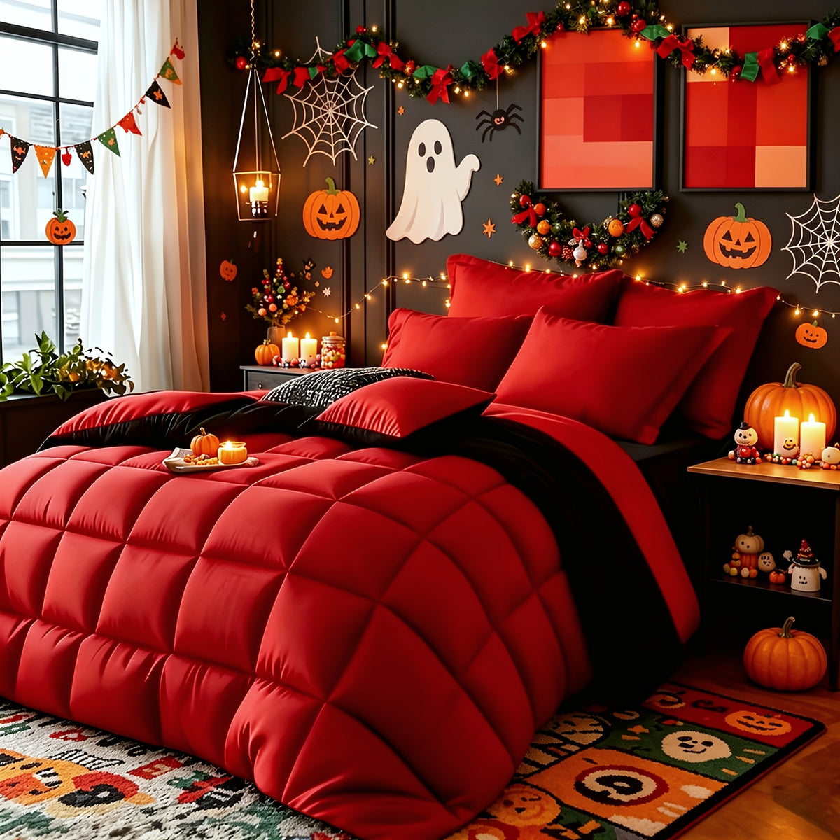 2/3pcs Red/Black Comforter Set Queen King Twin, All Season Comforter, 1Comforter, 1/2Pillowcases, Box Stitch Quilt, Hotel & School Quality Comforter, Home Bedding, Kids Room Decor, Halloween Christmas Holiday Gifts, Random Color