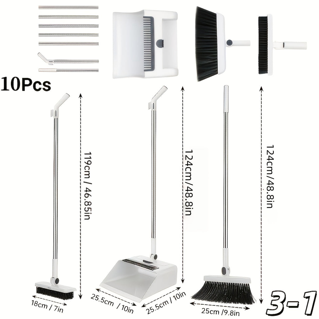 3-in-1 Upright Broom And Dustpan Combo, Long Handle Floor Sweeping Brush Set With Comb Teeth Dustpan, Garbage Bag Holder, Indoor Outdoor Cleaning Kit For Kitchen, Balcony, Patio, Garage, Party Cleanup