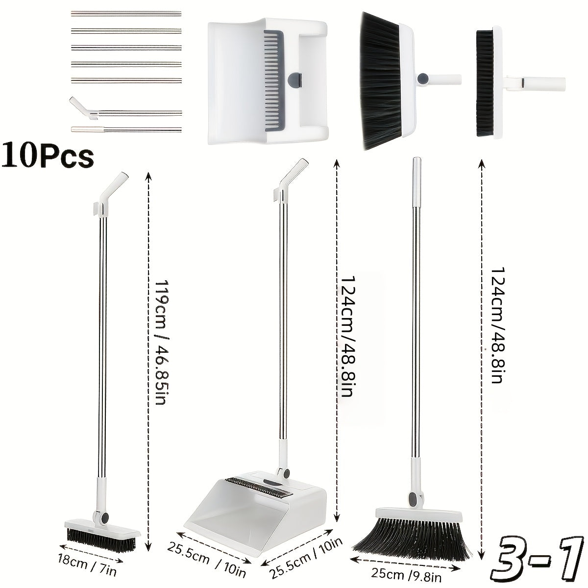 3-in-1 Upright Broom And Dustpan Combo, Long Handle Floor Sweeping Brush Set With Comb Teeth Dustpan, Garbage Bag Holder, Indoor Outdoor Cleaning Kit For Kitchen, Balcony, Patio, Garage, Party Cleanup