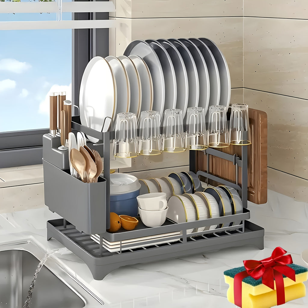 Two-Level Dish Drying Rack For Kitchen Surfaces, Kitchen Organizers And Storage, Dish Drainer With A Drainboard, Kitchen Accessories, Metal Kitchen Dish Holder With Drainage, Two-Tier Kitchen Drying Rack, Black Dish Holders