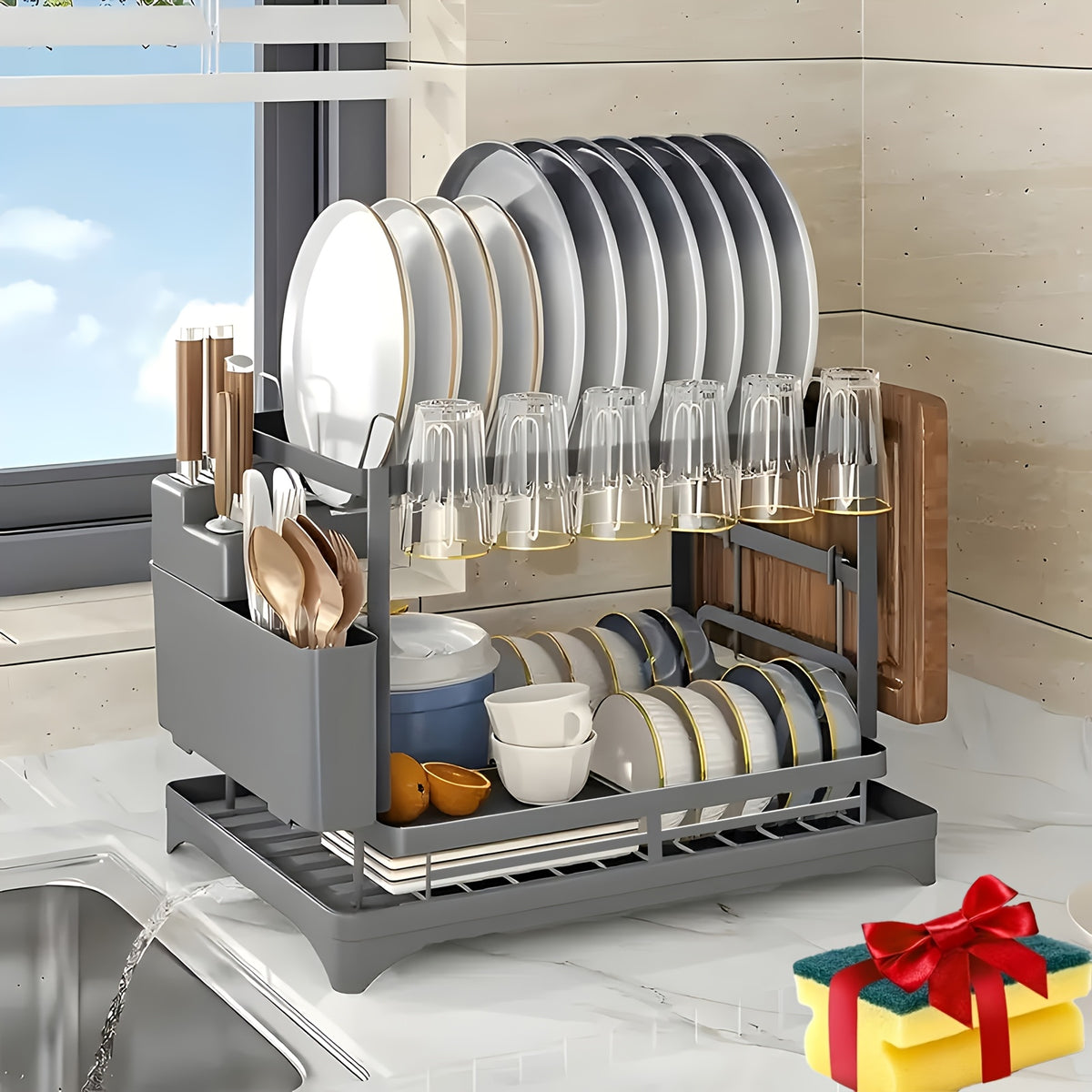 Two-Level Dish Drying Rack For Kitchen Surfaces, Kitchen Organizers And Storage, Dish Drainer With A Drainboard, Kitchen Accessories, Metal Kitchen Dish Holder With Drainage, Two-Tier Kitchen Drying Rack, Black Dish Holders