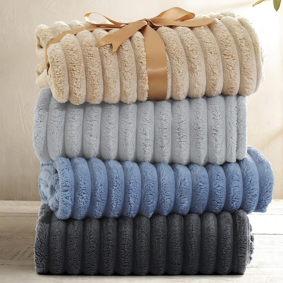 Luxurious Double-Sided Faux Rabbit Fur Throw Blanket - Cozy Striped Flannel, Soft And Warm for Naps, Office, Camping, Sofa - Versatile Polyester Bed Cover, Perfect Christmas Gift