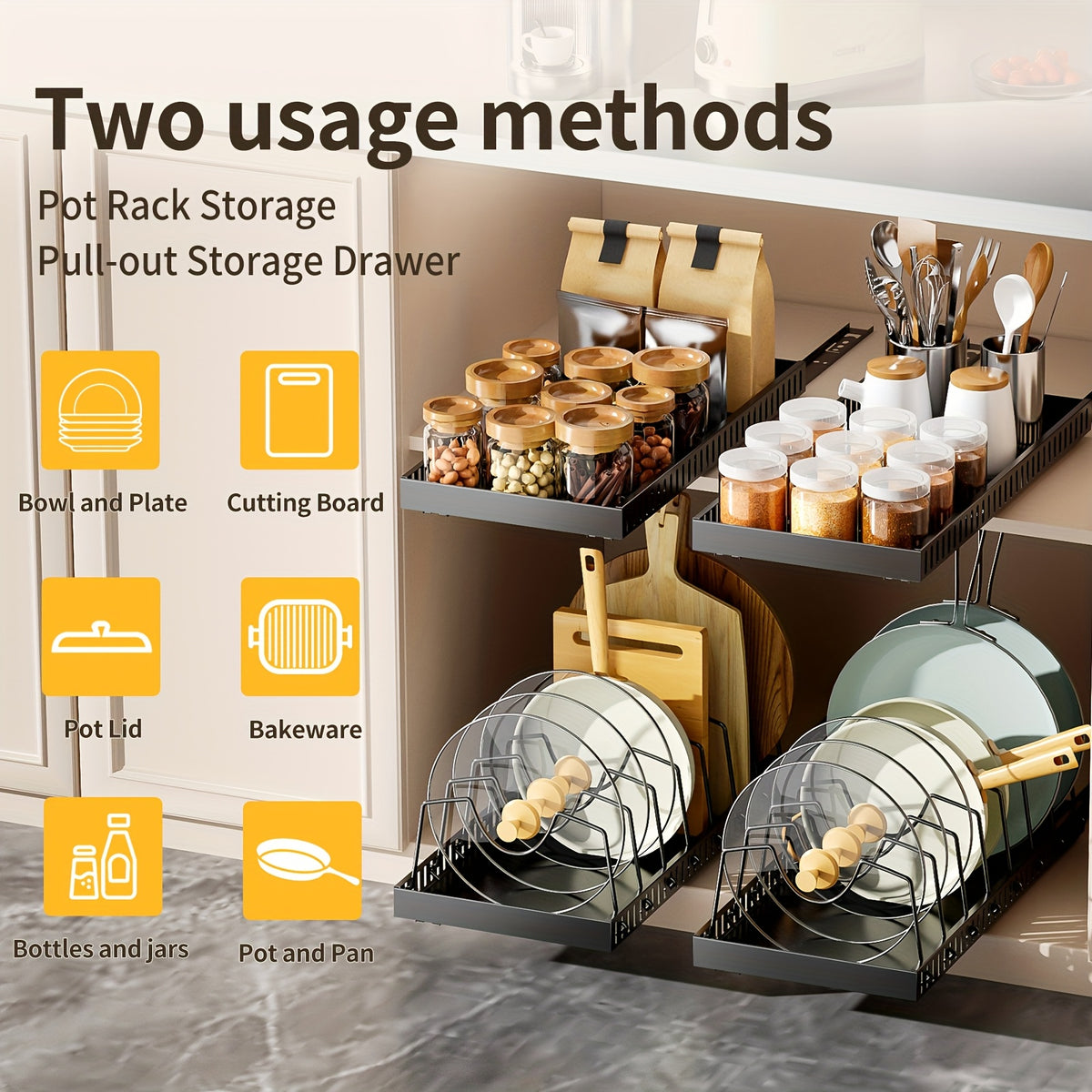 1/2pcs Pull-Out Pot And Pan Storage Box for Cabinets, Kitchen Sliding Lid Rack And Pan Holder, Cabinet Sliding Storage Box for Storing Lids, Baking Tools, And Plates, 8/16 Adjustable Dividers, Kitchen Decor And Accessories.
