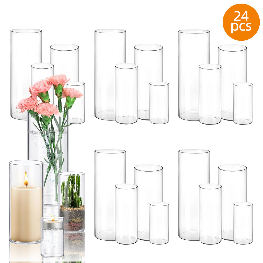 WHONLINE 24pcs Clear Glass Cylinder Vases, 4, 6, 8, 10 Inch Tall Cylinder Vases for Centerpieces, Glass Flower Vase, Hurricane Floating Candle Holder Vase for Table Shelf, Party, Wedding, Home Decor
