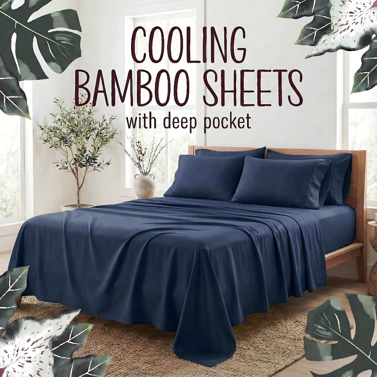 4-Piece Bamboo Fiber Bedding - Hypoallergenic and Temperature-Regulating, Suitable for All Seasons to Care for Deep Sleepers, Luxurious Bedding with Deep Pockets, Wrinkle-Resistant and No Ironing Needed, Great for Room and Bedroom Decor