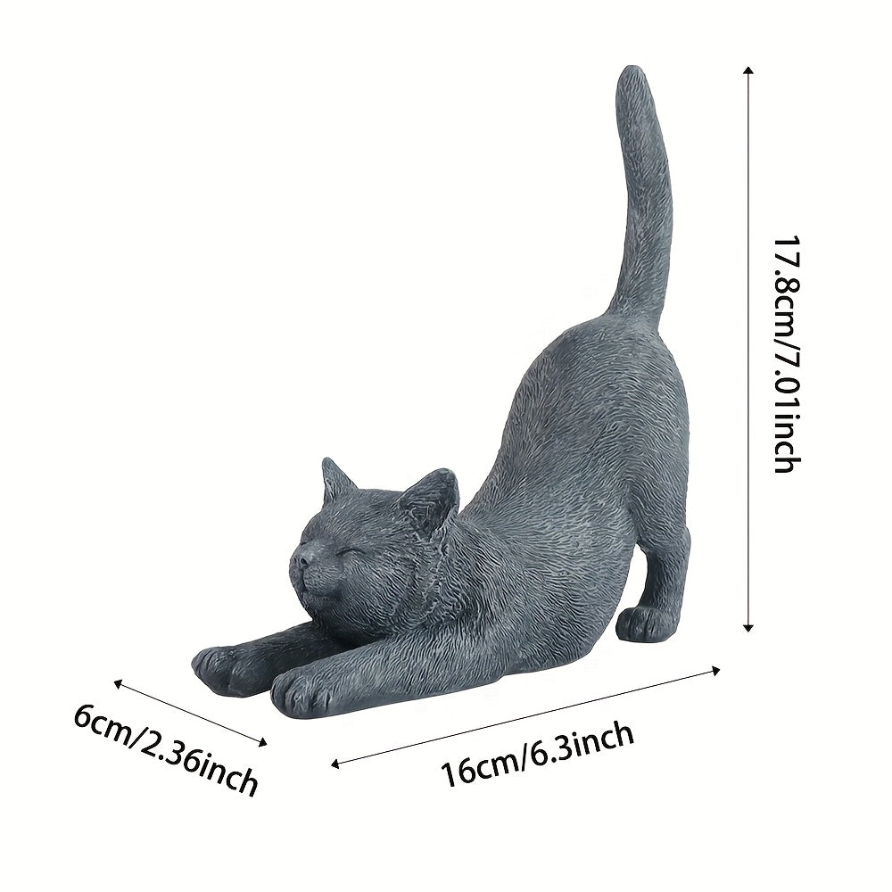 Yoga Cat Statue in Grey Resin, Hand-Painted Stretching Cat Figurine for Home, Office and Garden Decor, Decorative Sculpture Gift for Cat Lovers