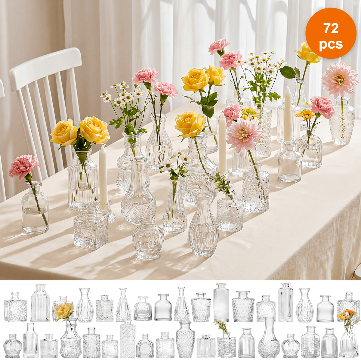TOMNK 12/30/43/52/72Pcs Bud Vase, Party Centerpieces, Wedding Centerpieces for Tables, Mini Clear Bud Vases for Flowers, Small Flower Vases Suitable for Birthday Party, Anniversary, Wedding, Home Table Deco, Multiple Sizes