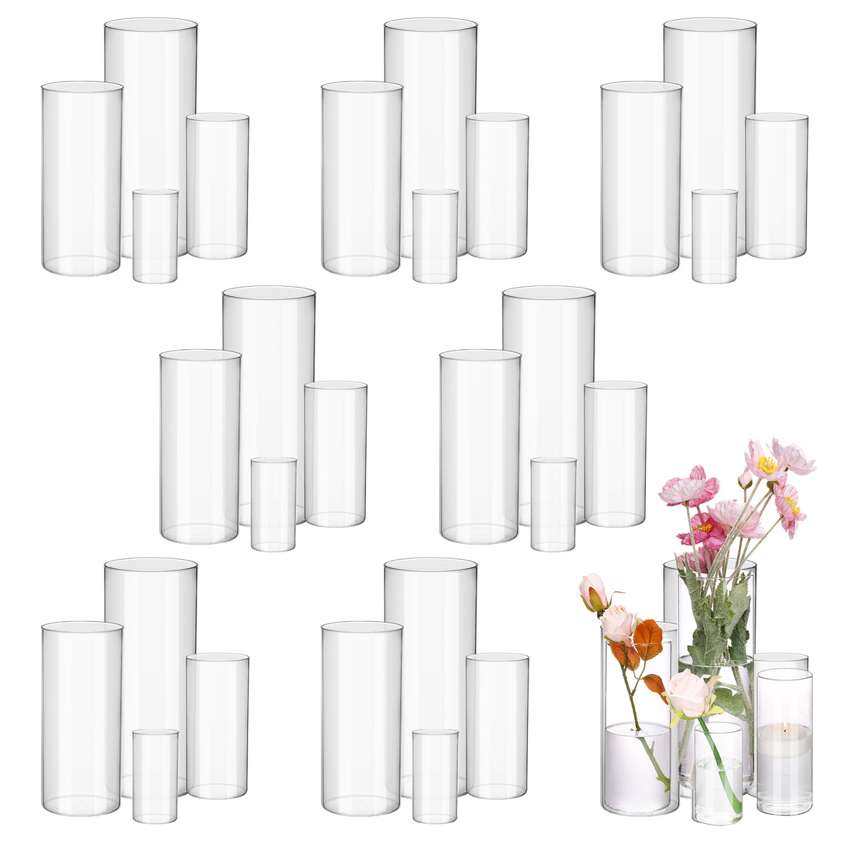 WHONLINE 16pcs Clear Glass Cylinder Vases, 4, 6, 8, 10 Inch Tall Cylinder Vases for Party Centerpieces, Hurricane Floating Candle Holder Vase for Table Shelf, Party, Collectible Buildings & Accessories，Wedding, Home Decor