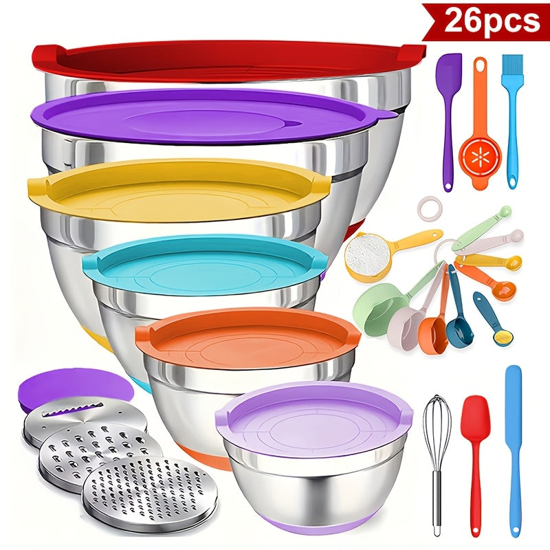 304 Stainless Steel Mixing Bowls with Lids, 26-Piece Set with 3 Grater Attachments and Black Non-Slip Bases in 1 to 7 QT Sizes for Mixing and Serving