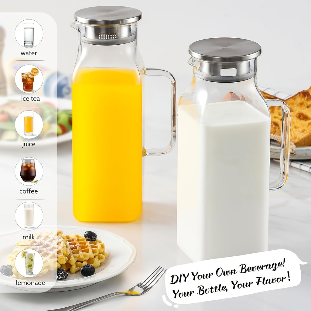 1/2 Pack 2 Liters/68 Oz Square Glass Pitcher with Lid And Handle for Fridge, Iced Tea And Coffee Carafe Beverage Serveware, Heat Resistant Borosilicate Water Jug for Hot/Cold Drinks And Milk, 304 Stainless Steel