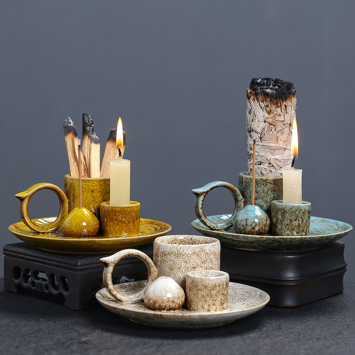 1pc Premium Ceramic Incense Burner, 4-in-1 with Handle, Suitable for Incense Sticks, Sage, Candle Holder, Perfect Ash Collection, Exquisite Home Decor Tray, Ideal for Yoga, Meditation, Housewarming, Gifts for Friends and Family