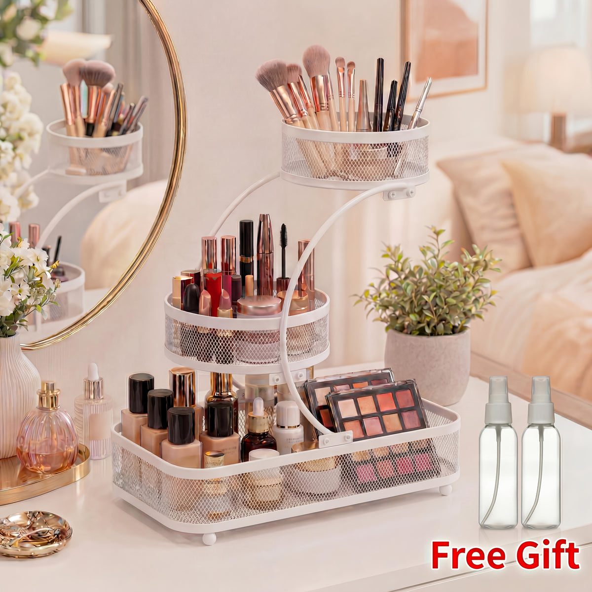 3-Tier Black Metal Mesh Storage Rack with Hooks Space-Saving Countertop Organizer for Kitchen, Bathroom Room Decor | Heavy-Duty Cosmetic Perfume Toiletry Display Stand, Shelf Baskets