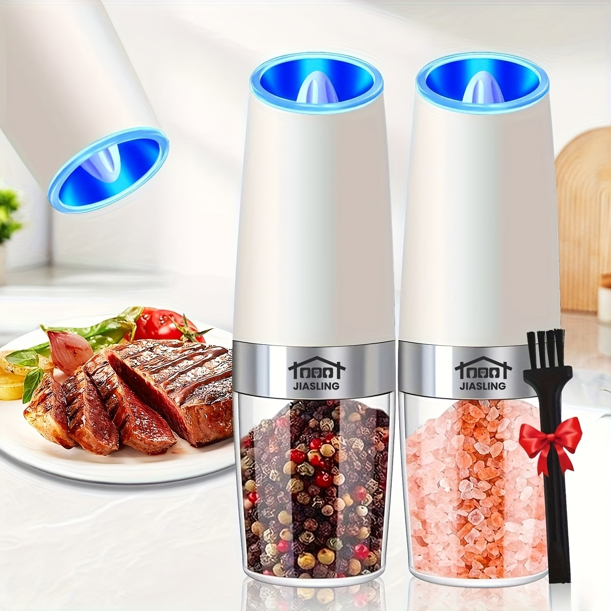 2pcs JIASLING Salt And Pepper Grinder Electric 2pcs Electric Battery Salt And Pepper Grinder Set Gravity Electric Salt And Pepper Grinder Set Salt And Pepper Shakers Set Large Capacity with LED Light Multiple Color Options Kitchen Gift