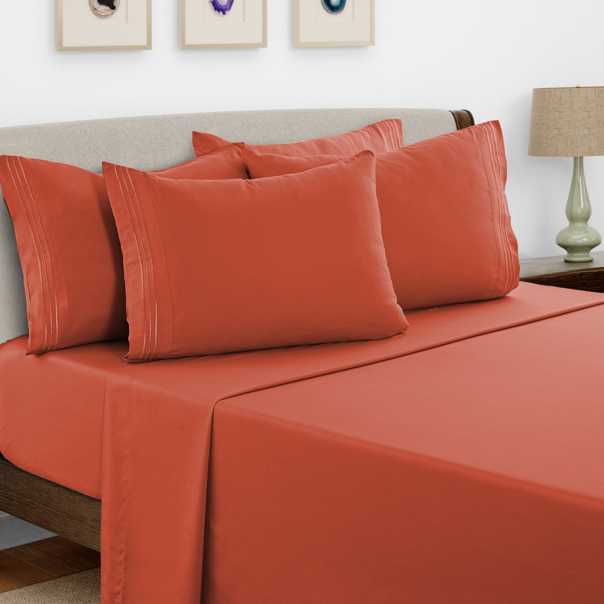 Lux Decor 6 Pieces Solid Bed Sheets Set - Modern Soft Comfortable Bedding Set, Hotel Luxury Skin Friendly Cooling Sheets & Embroidered Pillowcases Without Filler - All Seasons Bed Sheet with 16 Inches deep Pocket, Breathable Skin Friendly & Cooling Sheets