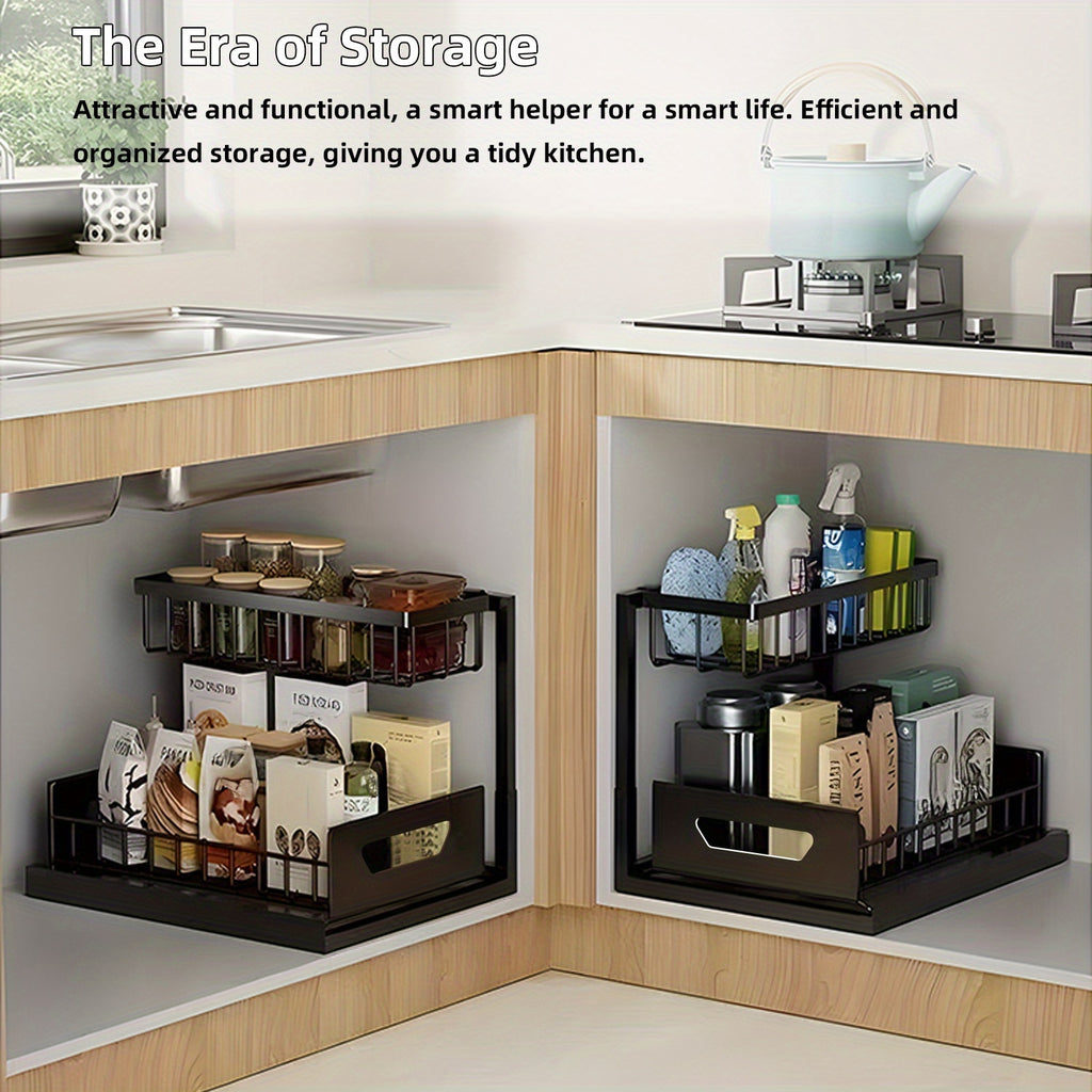 2-story Kitchen Sink Storage Containers, Push-pull Cabinet Organizer, Kitchen and Bathroom Organizers and Storage, Study, Tabletop, Metal Sliding Drawers, Practical and Convenient Kitchen Accessories Essentials, Kitchen Organizers and Storage