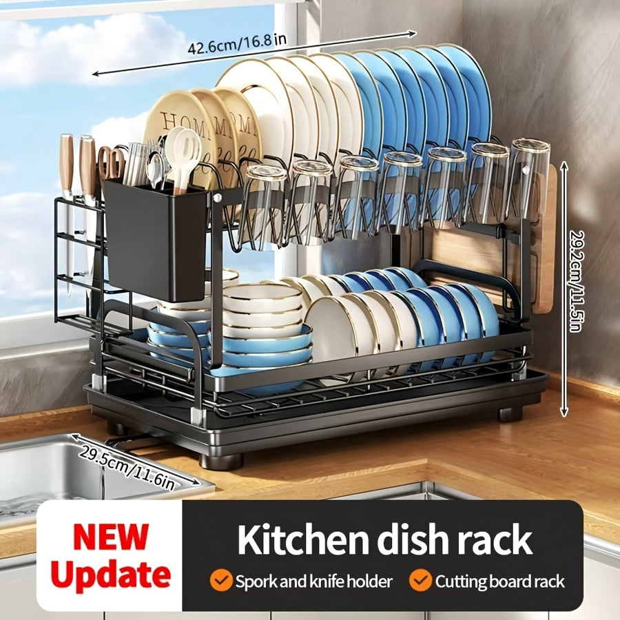 Two-tier Metal Kitchen Countertop Dish Rack Is Space-saving And Durable. It Comes with A Knife And Fork Holder, A Cup Rack, A Cutting Board Holder, And A Rust-proof Draining Tray. It Organizes Your Tableware And Helps Keep Your Kitchen Neat And Tidy.