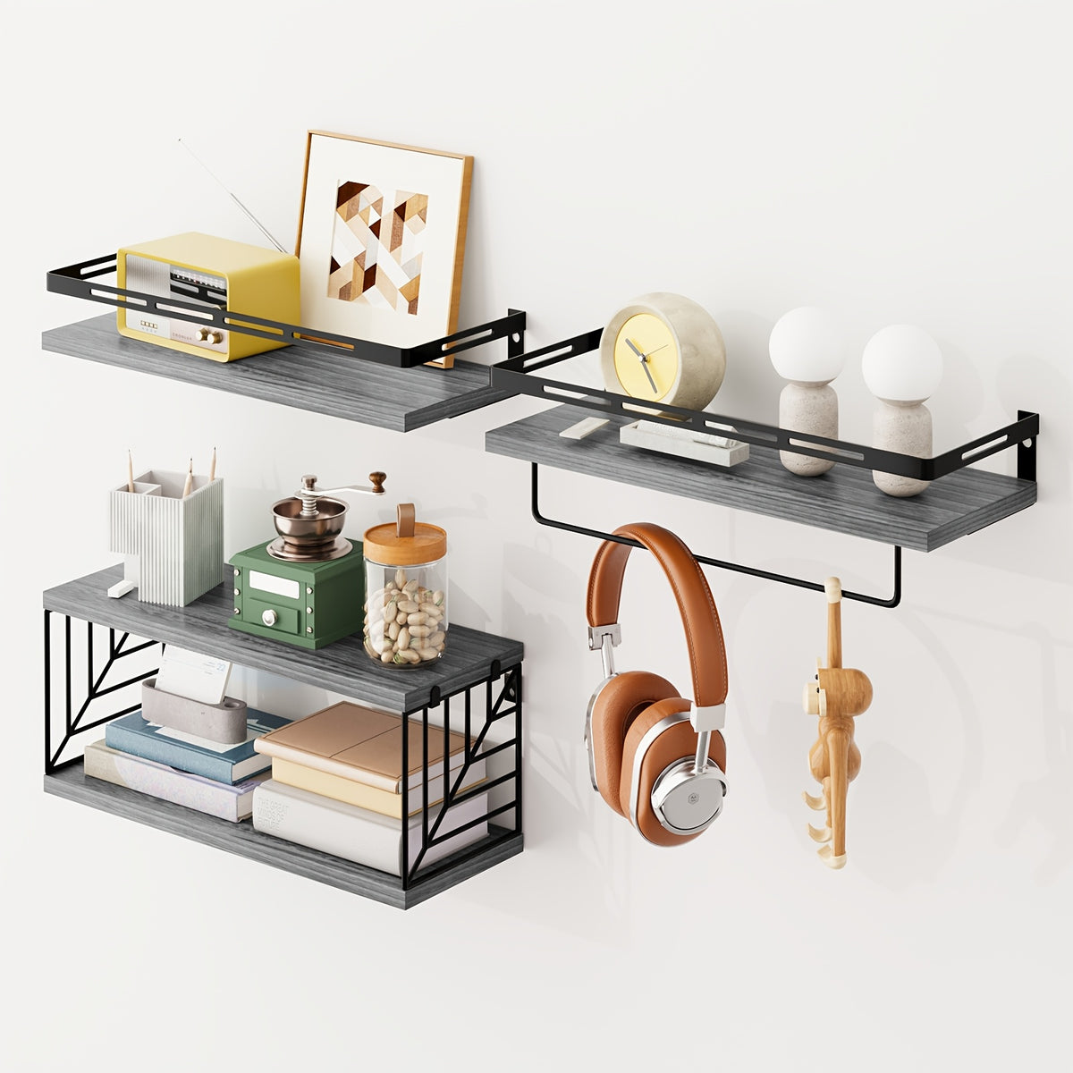 TOMNK 3/4pcs Wall Mounted Floating Storage Rack, Rustic Wood Wall Shelf with Guardrail, Multifunctional Display Unit for Bedroom, Living Room, Bathroom And Kitchen