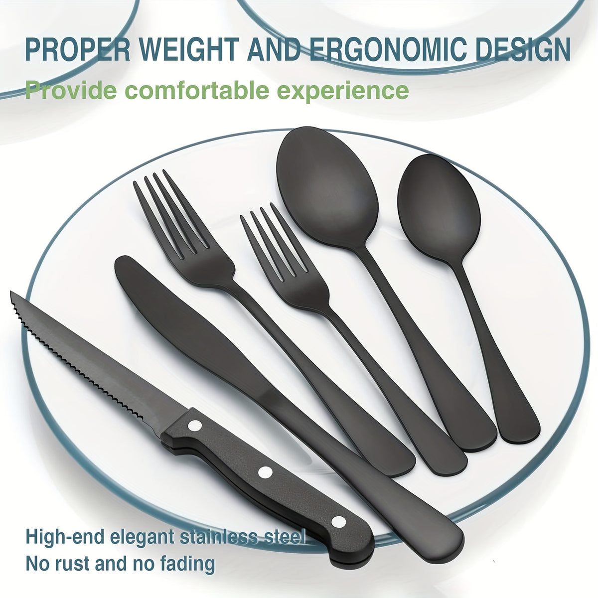 24/48pcs Black Silverware Set With Steak Knives Service For 4/8, Christmas Stainless Steel Flatware Set, Mirror Polished Kitchen Accessories, Home Kitchen Party Eating Tableware Set, Include Fork Knife Spoon Set, Dishwasher Safe (Silver, Black)
