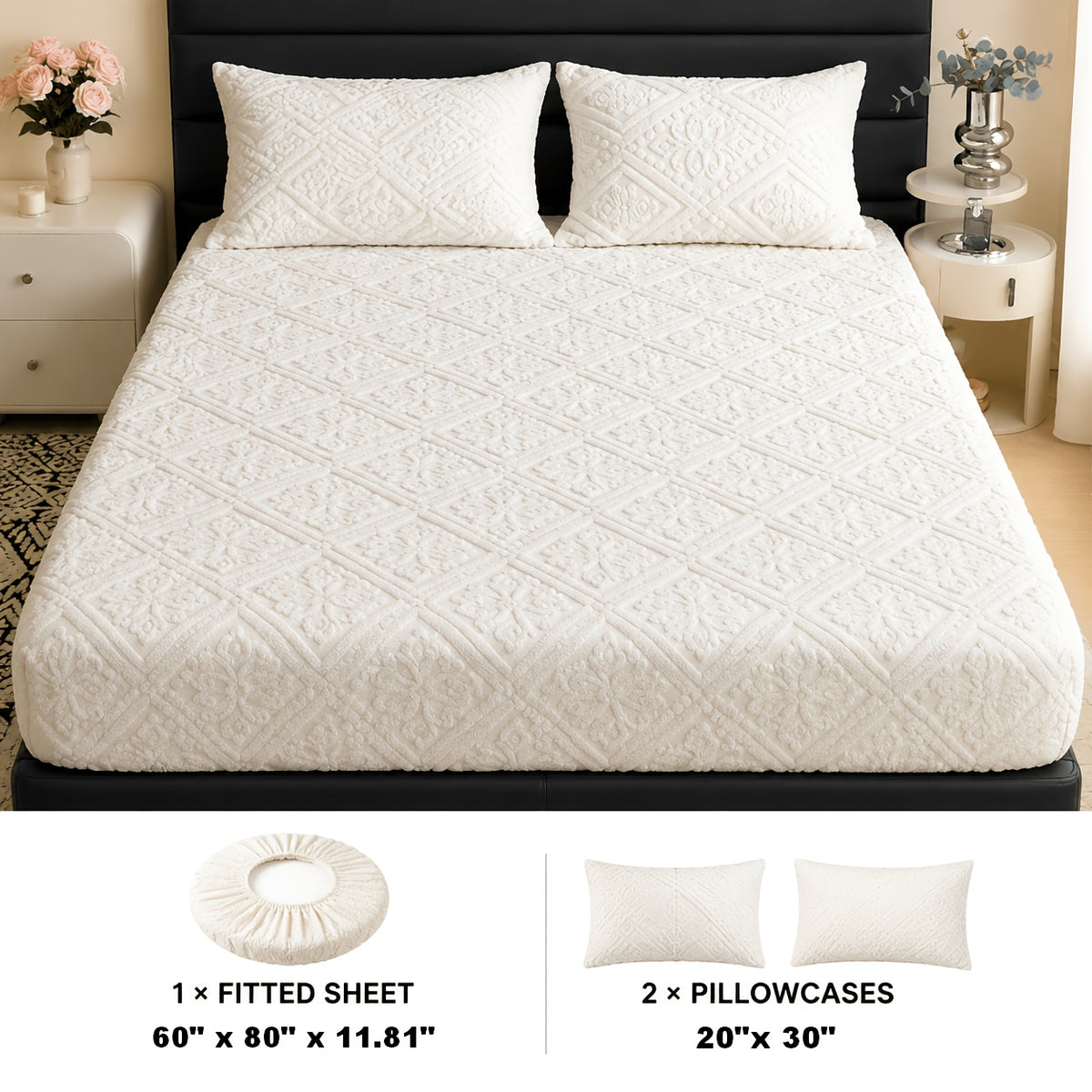Embossed Fitted Sheet with Optional Pillowcases, Soft Deep Pocket Machine Washable Bedding in White, Gray, Khaki, Blue and Green for Twin Full Queen King