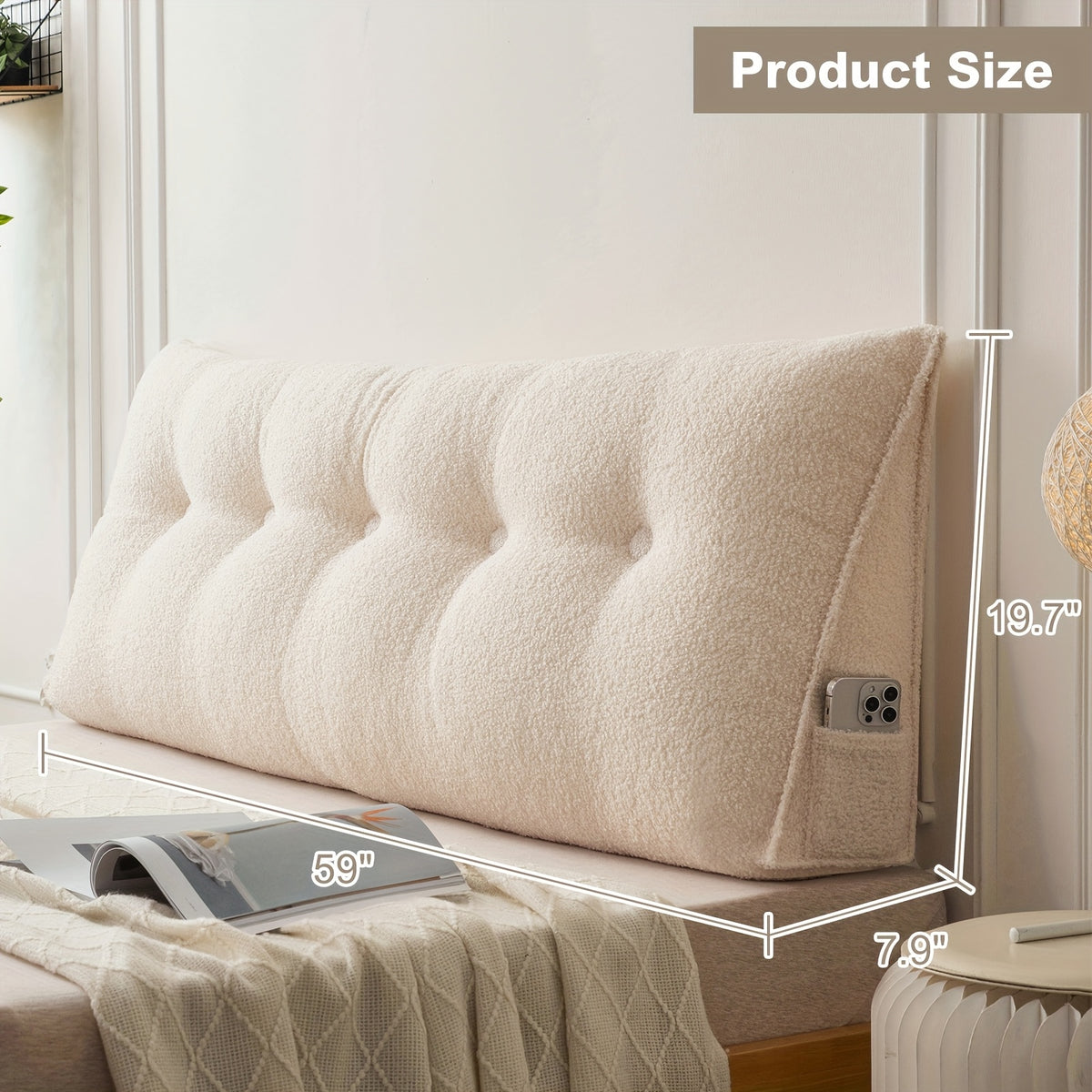 Headboard Reading Pillow, Triangular Teddy Velvet Backrest Cushion with Side Pocket and Removable Washable Cover for Twin, Queen and King Beds
