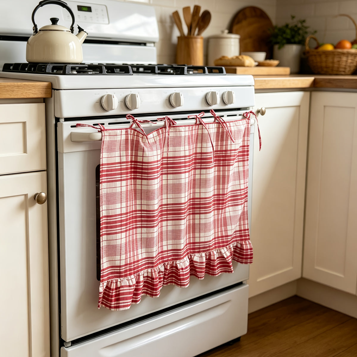 [Farmhouse Oven Skirt] Fall Autumn Farmhouse Oven Skirt Curtain, Handmade With Ruffled Edge & Tie Straps, Vintage Rustic Cottagecore Kitchen Decor, Country Style Appliance Dust Cover, Fits Ovens, Dishwashers & Washing Machines