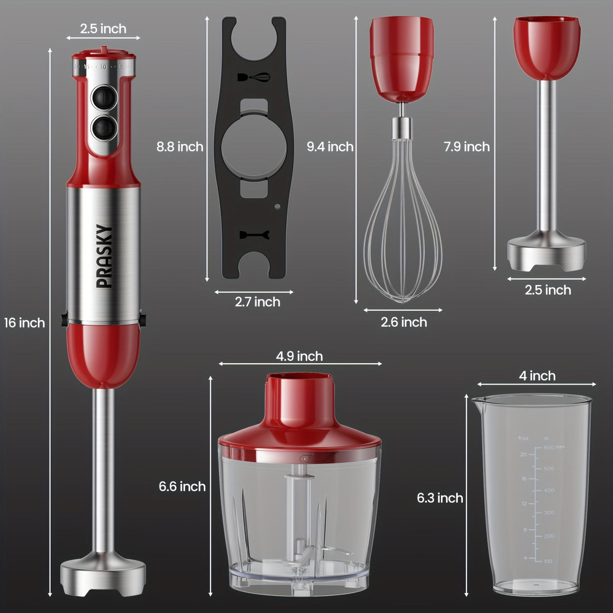 5-in-1 Handheld Mixer, With Attachments - Whisk, Measuring Cups, Heavy Duty Motor, Meat Chopper, Kitchen Must Haves, Immersion Blender