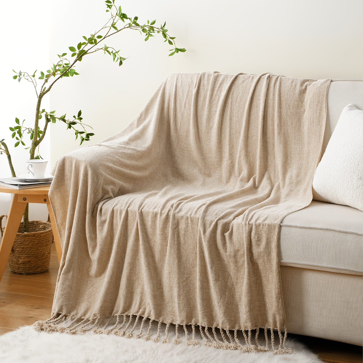 Decorative Fringe Velvety Throw Blanket for Sofa Home Decor, Chenille Throw Blanket for Couch, 50"x60"