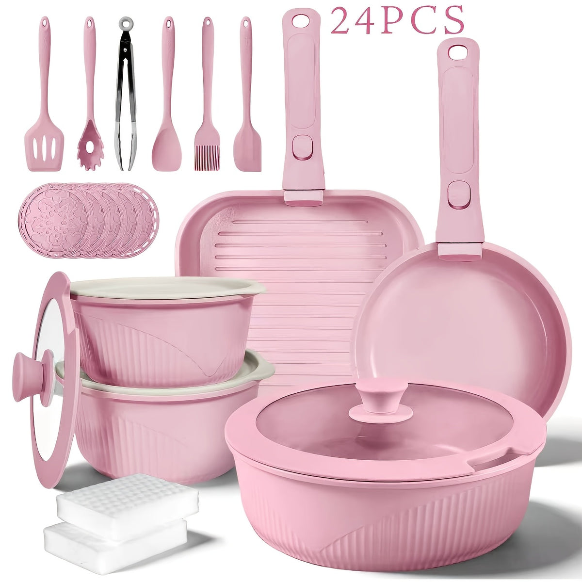 24pcs/7pcs/5pcs Cookware Set Non-Stick Pots & Pans Induction-Ready Kitchen Cookware Set Includes Skillet/Frying Pan/Soup Pot/Steak Pan Removable Handles Home & RV Kitchen Set Stackable Kitchen Accessories Easy To Clean Multiple Colors