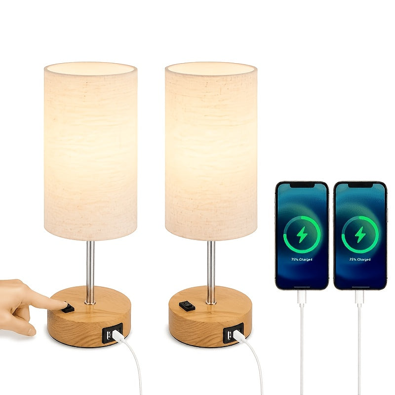 Dimmable Table Lamps with USB Charging Ports And AC Outlet, 3-Way Switch Control Bedside Nightstand Lamps, Wood/Metal Base, Modern Desk Lamps for Bedroom, Living Room, Office, Bulbs Included (1/2 Pack)
