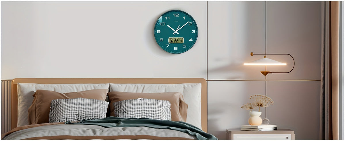 TIMESS calendar display analog wall clock, 10/12/14 inch 4-color large dial silent, can display perpetual calendar and Fahrenheit temperature, bedroom, office, school decoration