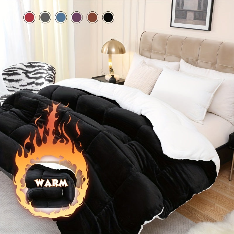 1pc Thick Soft Comforter Plush Flannel Sherpa Comforter, 600G Filling Ultra Breathable All Season Comforter Double-Sided, Box Stitch Solid Color Comforter For Bedroom, Warm For Autumn And Winter Comforter, Gift, Home Deco