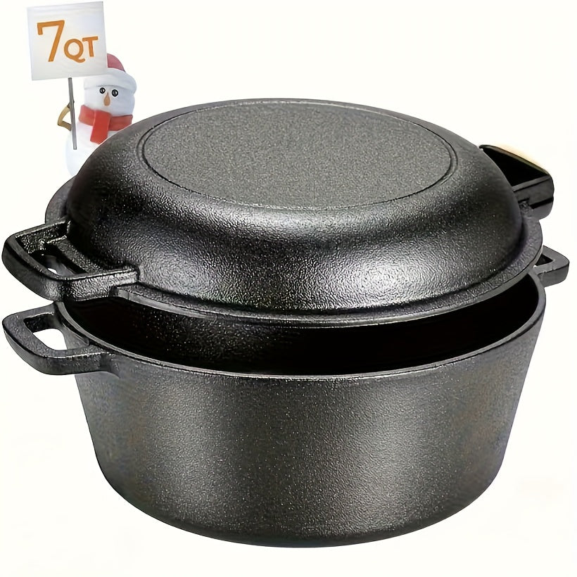 7QT Hand-built 2-in-1 Cast Iron Cookware Set (5.1QT Dutch Oven + 1.9QT Skillet) Dual-Purpose Holiday Cooking Kit For Stove, Induction, Oven, Campfire, With 2 Handles Outdoor BBQ &Indoor Make Sourdough Bread, Frying, Baking, Camping