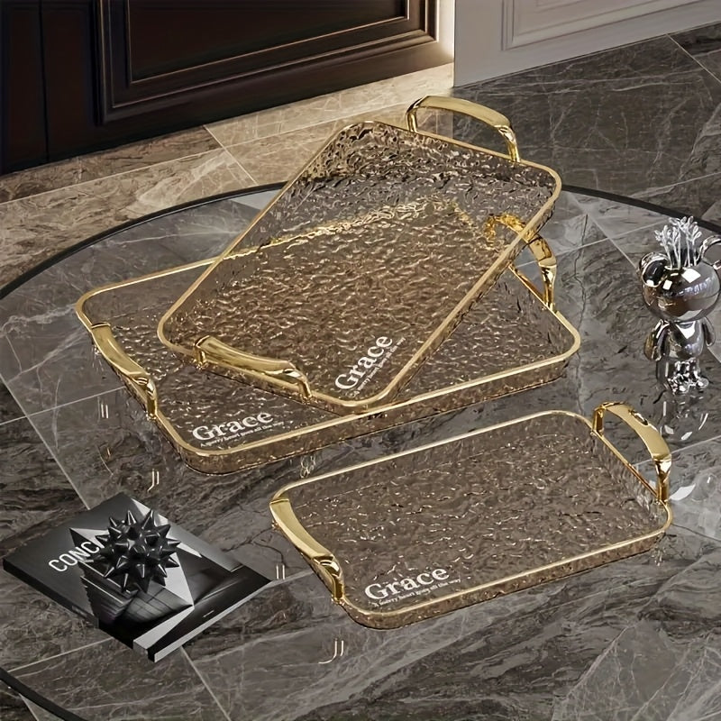 3pcs Transparent Elegant Golden-Rimmed Rectangular Trays Set, Large/Medium/Small PTE Transparent Serving Platters with Handles - Ideal for Fruits, Snacks, Pastries | Perfect for Parties & Festivals, Trays for Serving Food, Party & Festival Essenti
