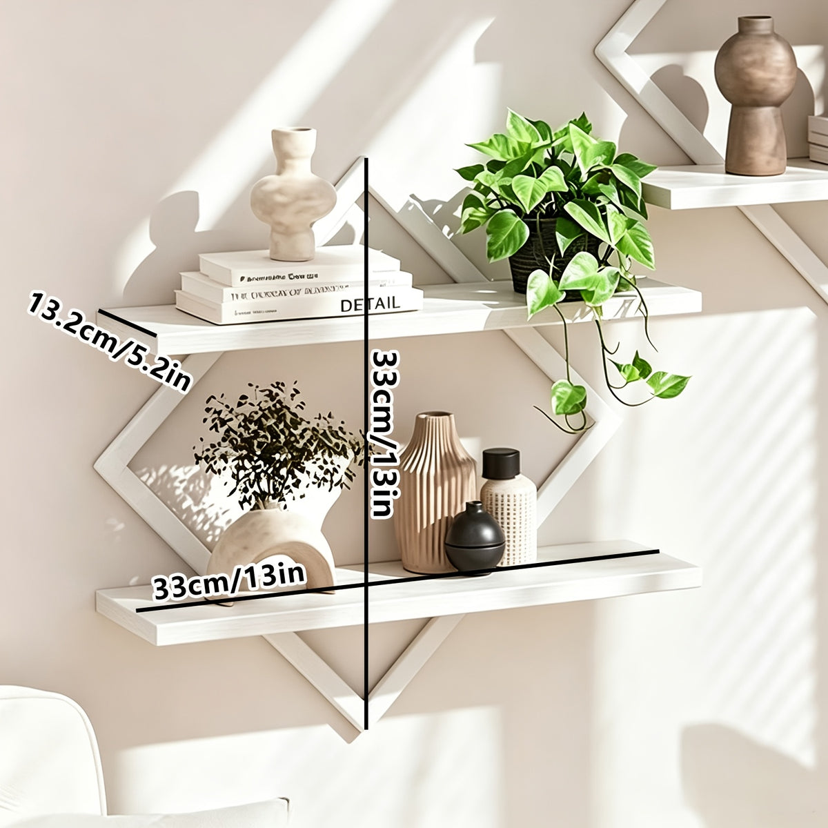 2/4pcs Double Layer Geometric Diamond Wall Floating Shelf Decorative Industrial Hanging Metal Wire Wooden Display Stand, Simple Style Wall Floating Stand, Artistic Style, Suitable for Living Room Kitchen, Floating Shelves