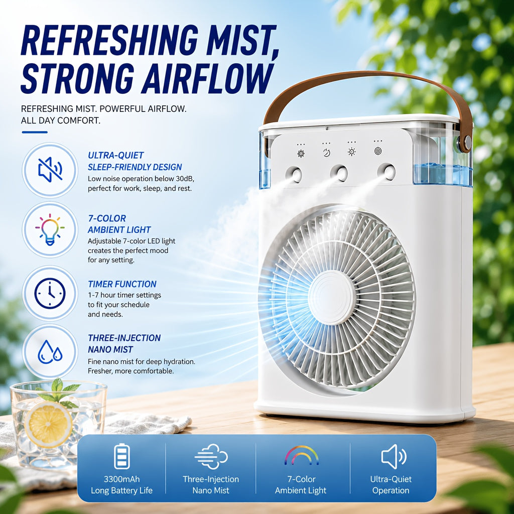Portable USB Mist Fan With A Powerful 3300mAh Rechargeable Battery, Three Wind Speeds And Two Mist Modes, Comes With A Seven-color LED Mood Light And Timer Function, Perfect For Bedrooms, Offices, Dorms, And Camping To Help Ease The Summer Heat.