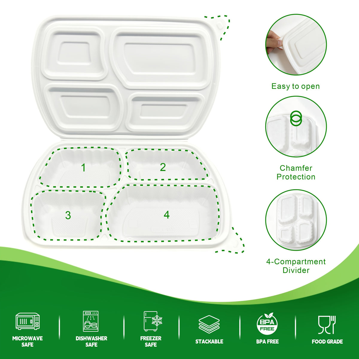 50-Pack 4-Compartment White Clamshell Meal Prep Containers, Disposable Bento Box, Food Storage Container, Bpa-Free, Stackable, Portion Control, Freezer/Microwave Safe, Great for Labor Day, Picnics, Parties & Outdoor Events, Local Warehouse