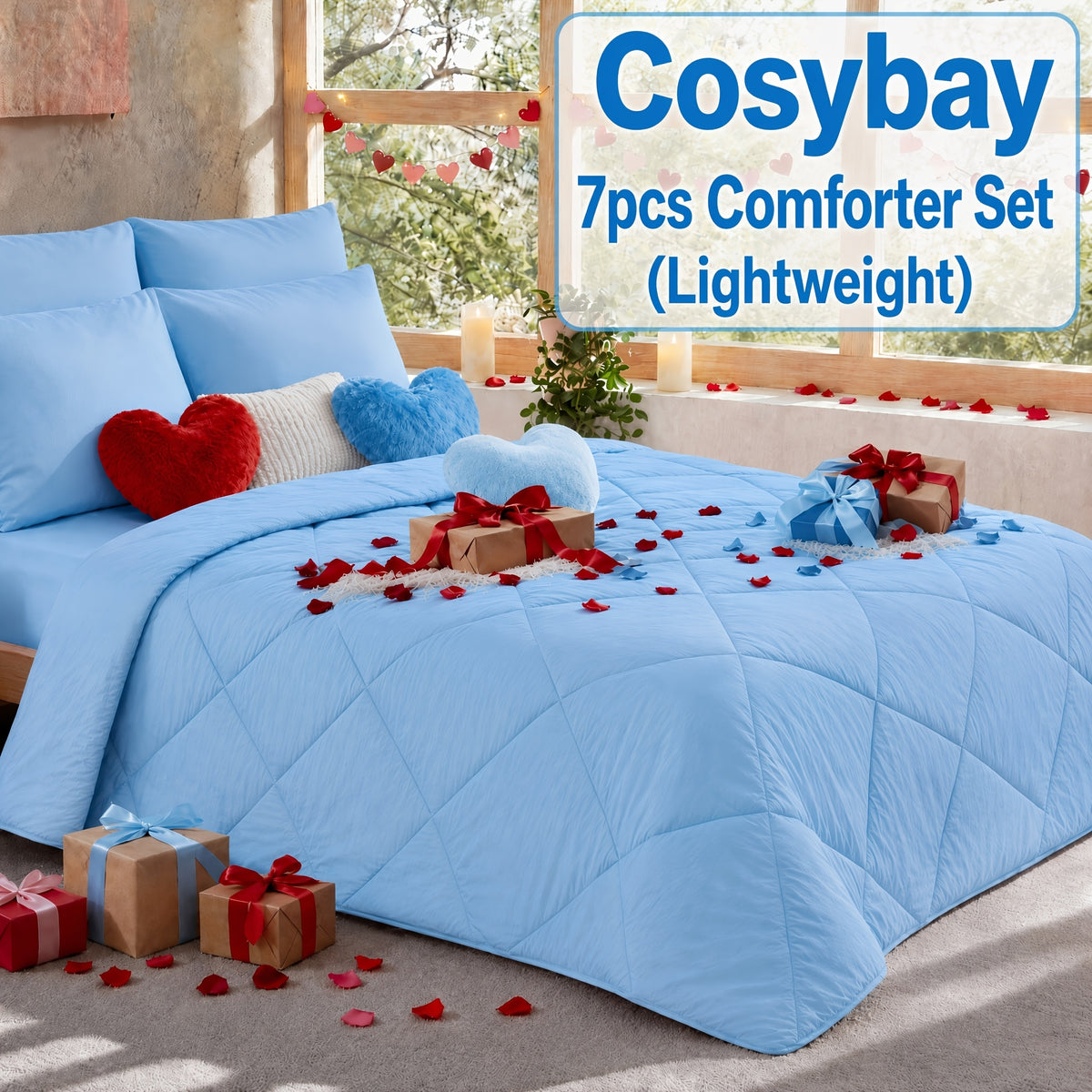 Cosybay 7 Piece Pinch Pleated Comforter Set Queen King Size, Luxury Soft Fluffy Bedding Includes 1 Comforter, 1 Extra Deep Pocket Fitted Sheet, 1 Flat Sheet, 4 Pillowcases & Pillow Covers, Perfect for Halloween Party, Holiday Celebrations & Birthday