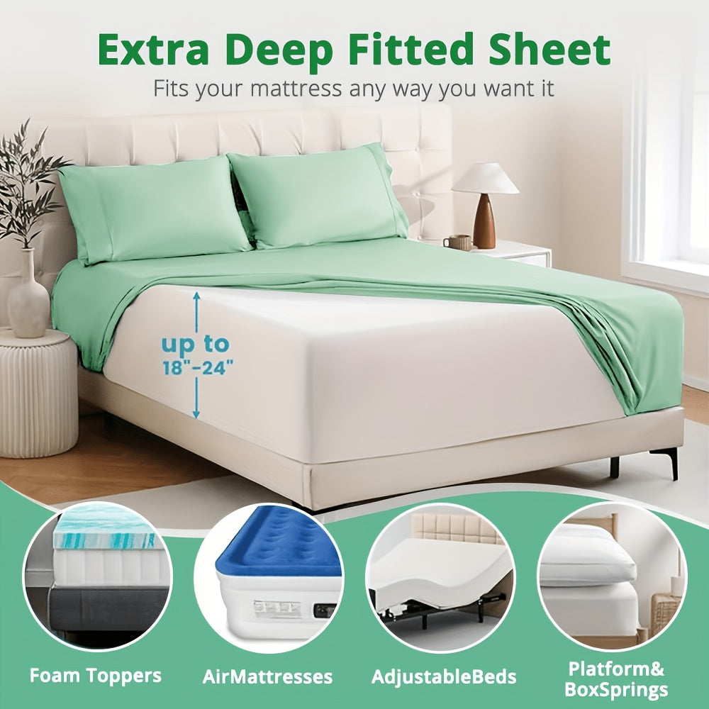 4pcs Bamboo Cooling Bedding - Cooling Bamboo Fiber Fitted Sheet Set, Extra Deep Bamboo Sheet Set- Suitable For Hot Sleepers, Kids, Children Pillowcases, Flat Sheet And Fitted Sheet - A Perfect Gift For Family, Queen And King Sizes, Next Day Delivery