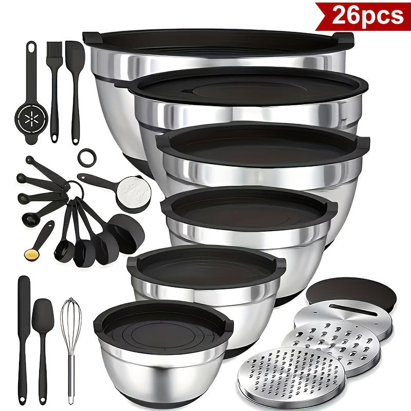 304 Stainless Steel Mixing Bowls with Lids, 26-Piece Set with 3 Grater Attachments and Black Non-Slip Bases in 1 to 7 QT Sizes for Mixing and Serving