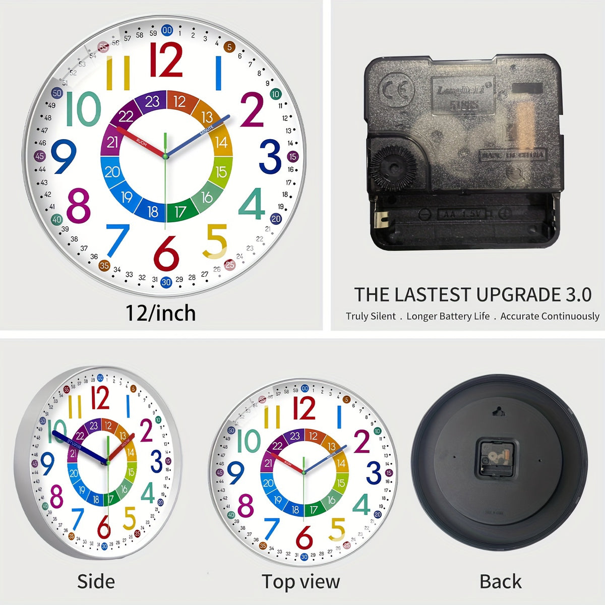 8-12 Inch Color Learning Wall Clock, Learn How to Tell The Time, Japanese Silent Quartz Movement, Plastic Frame, AA Battery Powered, Suitable for Bedroom, School, Teacher Decoration, Educational Teaching Auxiliary Supplies, Holiday Gift
