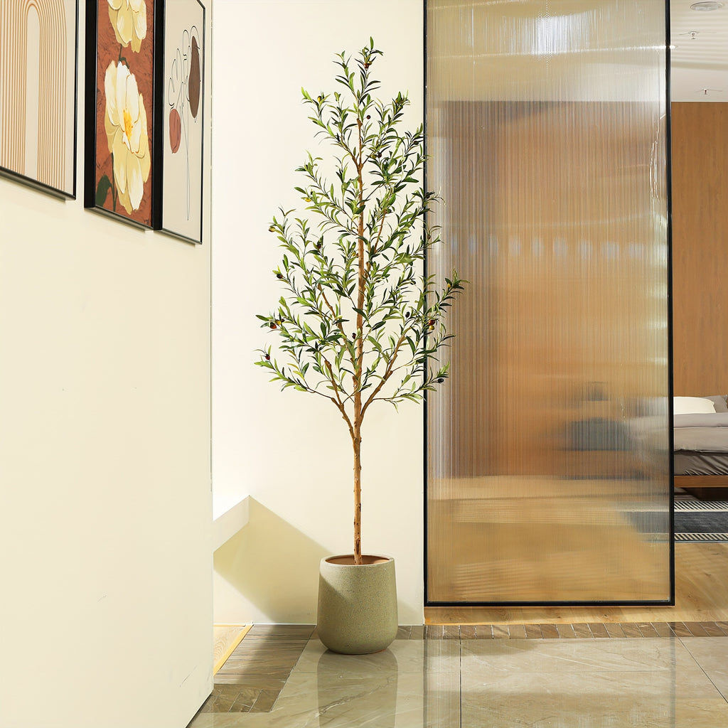 Artificial Olive Tree - Potted Faux Silk Plant with Natural Wood Trunk And Lifelike Fruits - Perfect for Home, Office, Outdoor And Holiday Decor