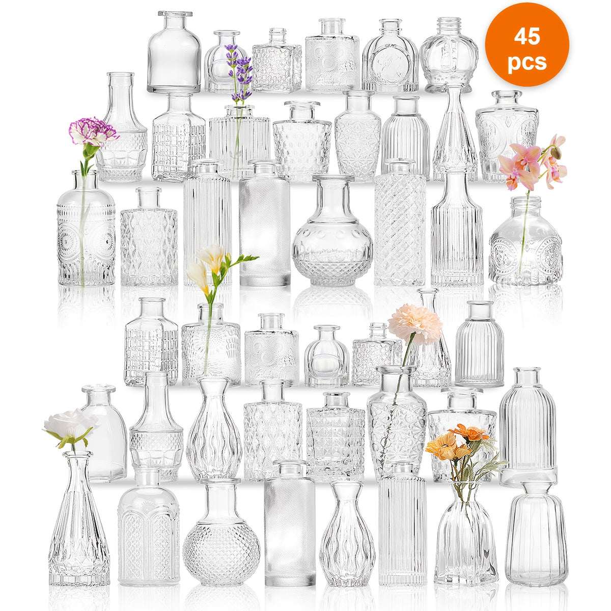WHONLINE 45/64 Glass Bud Vase, Small Vases for Flowers, Clear Bud Vases for Centerpieces, Festival Decoration for Rustic Wedding Decorations Vintage Look Home Table Decor, Multiple Sizes