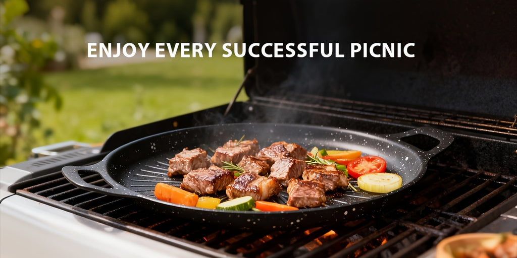 Nonstick Grill Pan with Oill Brush, Griddle Pan with Oil Drain Groove Even Heating, for Grilling And Sauce Locking- Pizza, Eggs, Grilling, Crepes, Easy Clean, Portable Frying Pan for Camping Cookware, Family Gatherings & Restaurant Use