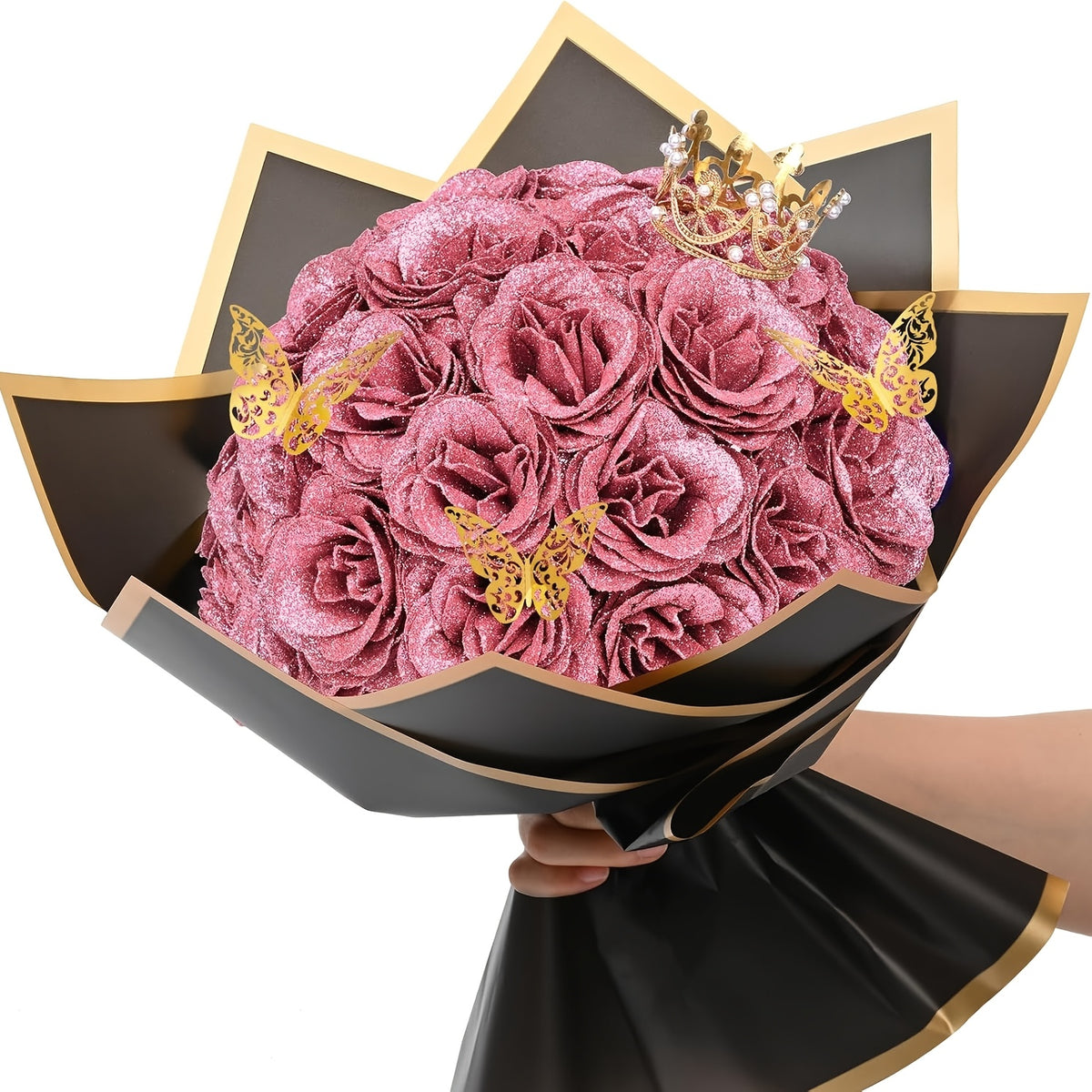 24/36pcs Glitter Roses Bouquet - Everlasting Shiny Artificial Red Roses with Sparkling Glitter Petals - DIY Fake Flower Bouquet Suitable for Valentine' Day, Mother' Day, Wedding, Anniversary, - Gifts for, Plastic Roses Bouquet