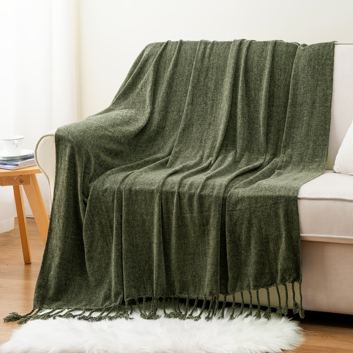 Decorative Fringe Velvety Throw Blanket for Sofa Home Decor, Chenille Throw Blanket for Couch, 50"x60"
