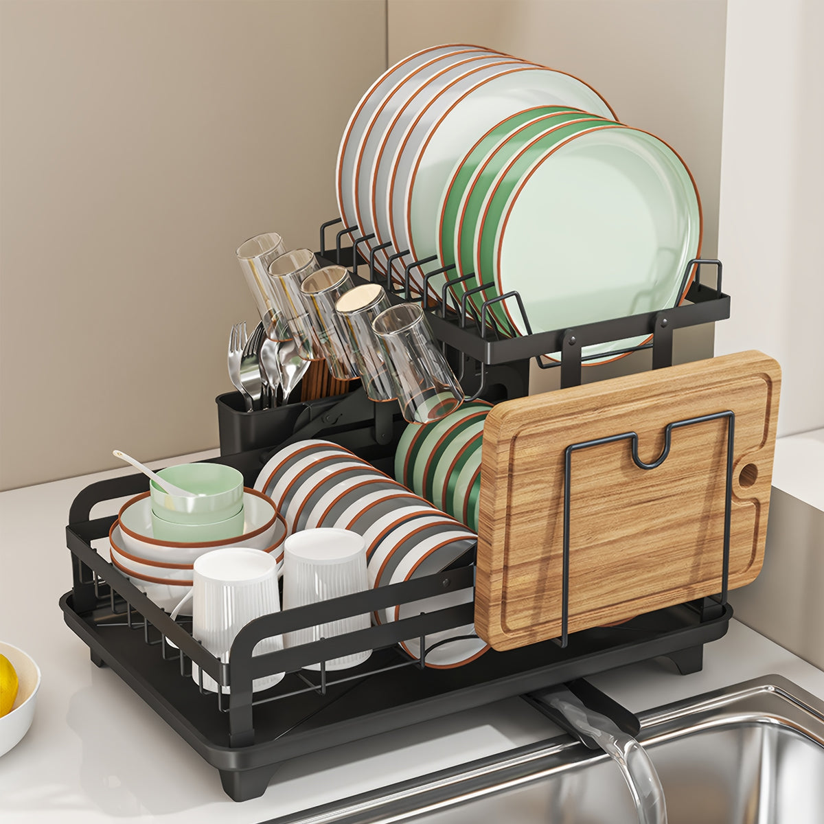 [Large Dish Drying Rack] 1pc Large 2-Tier Carbon Steel Dish Drying Rack with Drainboard, Glass & Utensil Holders, And Extra Drying Mat - Rust-Resistant Metal Dish Drainer for Kitchen Countertop, Black